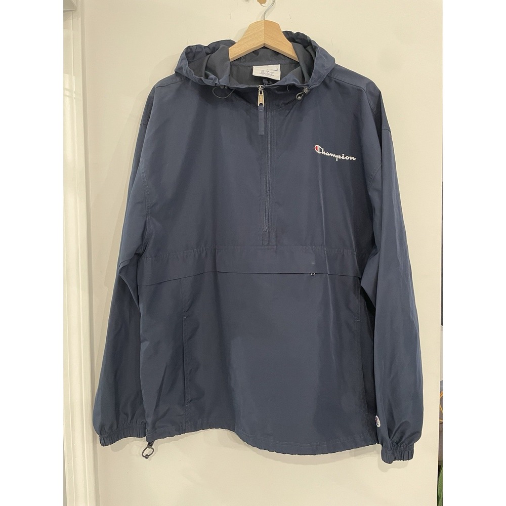 Champion Men Pullover Windbreaker Jacket Hooded Quarter‎ Zip Navy Blue Size L
